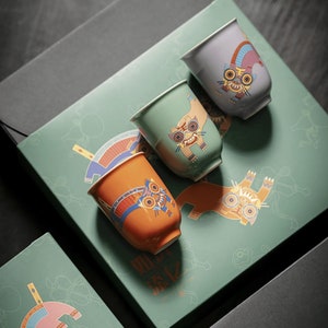 Set of 3 Ceramic Tea Cups with Gift Box, Unique Japanese Porcelain Teacup with Colorful Tiger Design, Chinese Drinking Cups