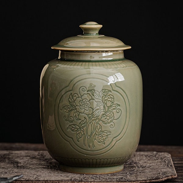 Boîte de thé en céramique verte, récipient de stockage de thé en porcelaine flower design, pot de stockage de nourriture vintage avec couvercle, caddie de garde-manger chinois