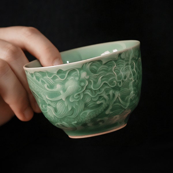 Porcelain Dragon Tea Cup 115ml, Green & Pink Teacups Set, Japanese Pottery Art, Chinese Porcelain Gongfu Cups, Tea Gifts