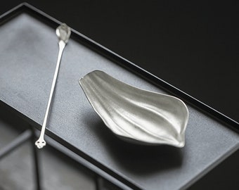 Metal Lotus Petal Tea Scoop Set, Modern Japanese Tea Ceremony Preparation, Silver Chinese Tea Spoon