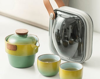 Reise-Tee-Set mit Farbverlauf, handgemachte Teetassen und Teekanne, Reise-Tee-Set für Teeliebhaber, Einzigartiges Teegeschirr
