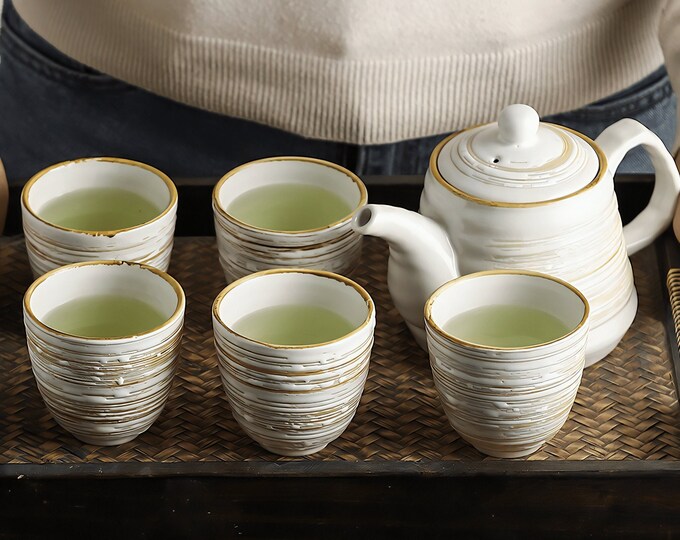 Oriental Pottery Ceramic Tea Set with Gift Box, Japanese Green Tea Cups, Teapot, and Metal Strainer, Handmade Stoneware Matcha Teacups