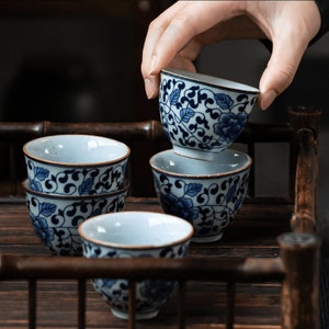 Oriental Floral Ceramic Tea Cups Set, Small Vintage Japanese Teacup, Chinese Tea Ceremony