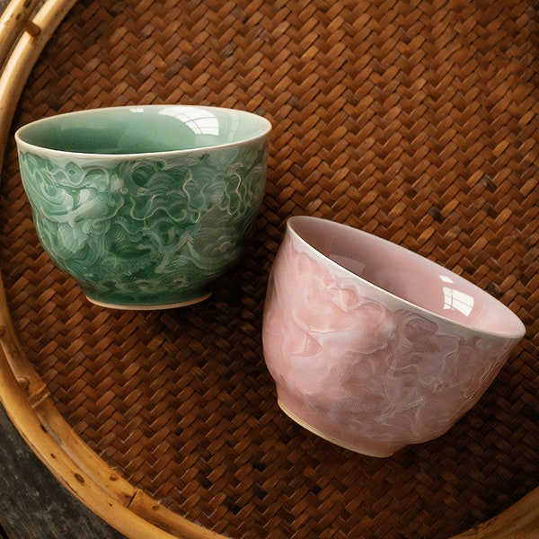 TEAQUARTER Glazed Dragon Ceramic Tea Cup, Embossed Textured Dragon Art, Chinese Tea Ceremony, Japanese Teacups Set, Green & Pink - 3.89oz
