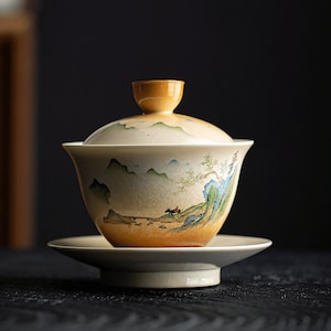 Beautiful Ceramic Gaiwan Tea Cup with Lid, Painted Chinese Landscape Design, Traditional Tea Bowl with Saucer, Tea Ceremony, Gongfu Cup Set