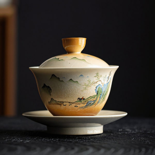 Beautiful Ceramic Gaiwan Tea Cup with Lid, Painted Chinese Landscape Design, Traditional Tea Bowl with Saucer, Tea Ceremony, Gongfu Cup Set