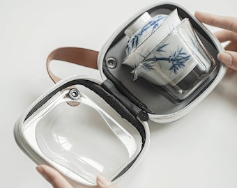Tragbares Porzellan Gaiwan und Tasse Reise-Tee-Set mit Taschen-Etui, Blaue und weiße Keramik-Kunst-Jingdezhen-Keramik - 5-teiliges Set