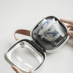 Portable Porcelain Gaiwan and Cup Travel Tea Set with Bag Case, Blue and White Ceramic Art Jingdezhen Pottery - 5 piece set