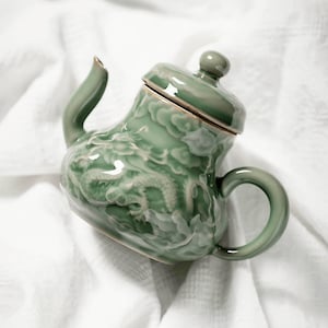 Jade Green Dragon Teapot, Embossed Ceramic Jug with Lid, Japanese Small Antique Porcelain Kettle for Tea Ceremony