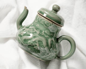 Jade Green Dragon Teapot, Embossed Ceramic Jug with Lid, Japanese Small Antique Porcelain Kettle for Tea Ceremony