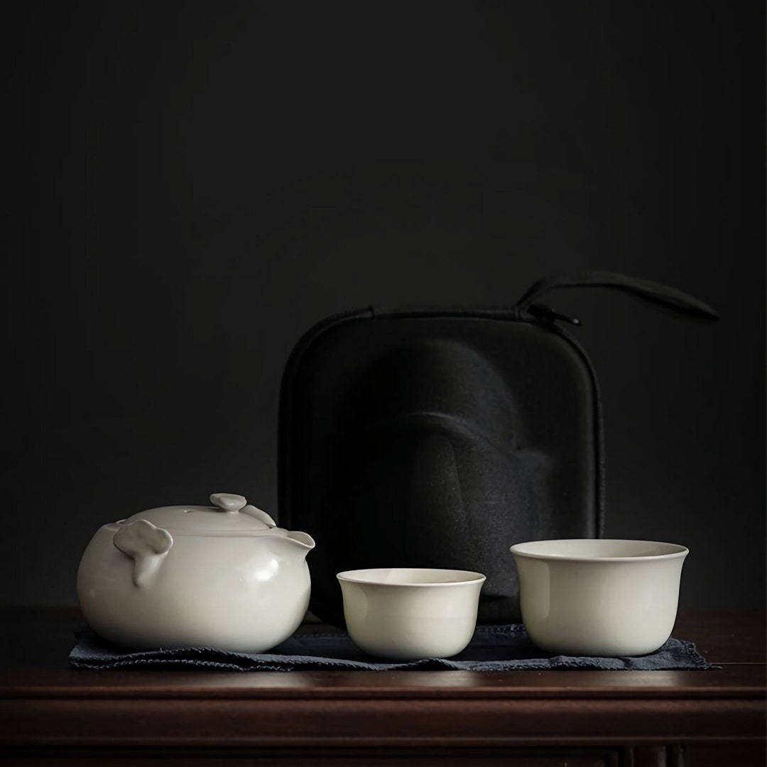Porcelain Travel Tea Set With Case Beige Teapot With Builtin Etsy