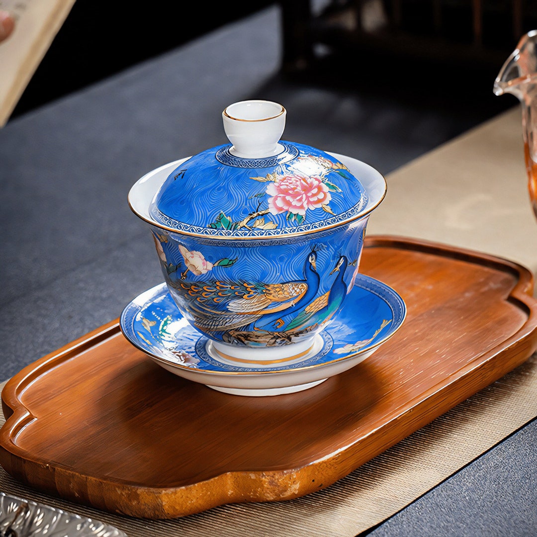 Oriental Royal Peacock Gaiwan Tea Set, Ceramic Chinese Tea Cup and