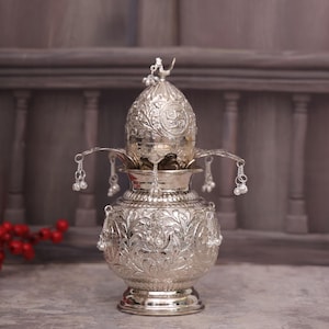 German Silver Kalash with Lid | Handcrafted Engraved Pooja Kalash | Traditional Temple Decor | Spiritual Gift | 700g Approx