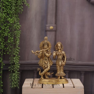 Brass Krishna Balram Idol | 8 Inch Hindu God Statue | Handmade Krishna Flute and Balram Blessing Murti | Indian Home Temple Decor