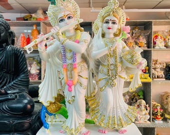 Estatua de Radha Krishna de mármol Makrana tallada a mano, ídolo del dios hindú, decoración del templo espiritual