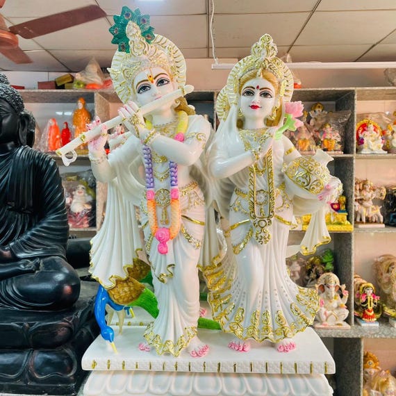 Hand Carved Makrana Marble Radha Krishna Statue, Hindu God Idol, Spiritual Temple Decor