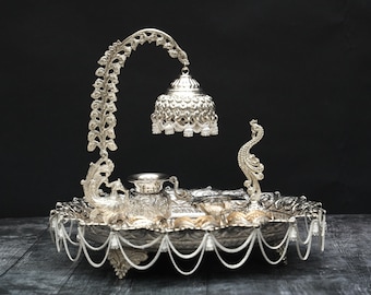 German Silver Pooja Thali Set: 13-Inch Hindu Diwali Decor