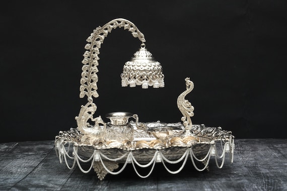 German Silver Pooja Thali Set: 13-Inch Hindu Diwali Decor
