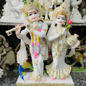 Radha Krishna Marble Statue: Handcrafted Hindu God Idol with Peacock