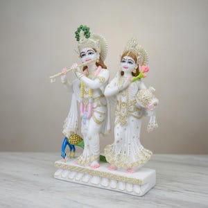 Hand Carved Makrana Marble Radha Krishna Statue, Hindu God Idol, Spiritual Temple Decor image 2