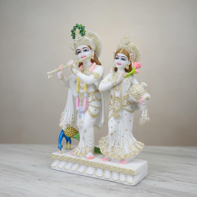 Hand Carved Makrana Marble Radha Krishna Statue, Hindu God Idol, Spiritual Temple Decor image 2
