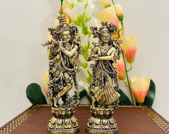 8" Brass Radha Krishna Murti Set | Handmade Standing Divine Couple Statue, Home Temple Decor