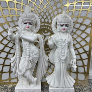 White Radha Krishna Statue Set: Marble-Look Hindu God Figurines
