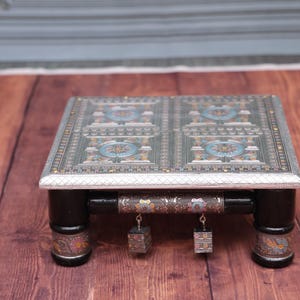 Hand Carved Wooden Brass Chowki - Sacred Pooja Altar for Home Temple
