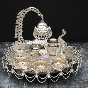 German Silver Pooja Thali Set: 13-Inch Hindu Diwali Decor