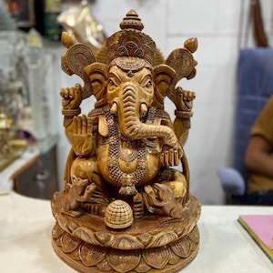 Hand-Carved Teak Wood Ganesha Statue - 12 Inch Vinayaka Murti