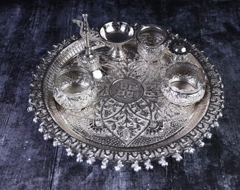 13"Antique German Silver Pooja Thali Set -Embossed Floral Design with Swastika - Traditional Indian Ritual Tray for Diwali,Weddings & Mandir