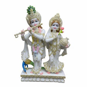 Hand Carved Makrana Marble Radha Krishna Statue, Hindu God Idol, Spiritual Temple Decor image 3