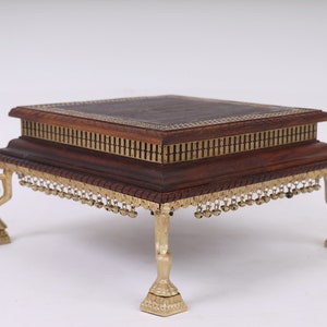 Handcrafted Indian Brass and Wooden Chowki with Ghungroos - Elegant Temple Stool