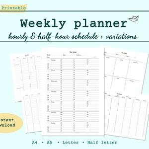 Weekly Planner Printable hourly Schedule, Half Hour, Variations ...