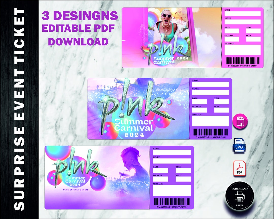 Printable Pink Concert Tickets. Summer Carnival Tour 2024 Ticket Stub