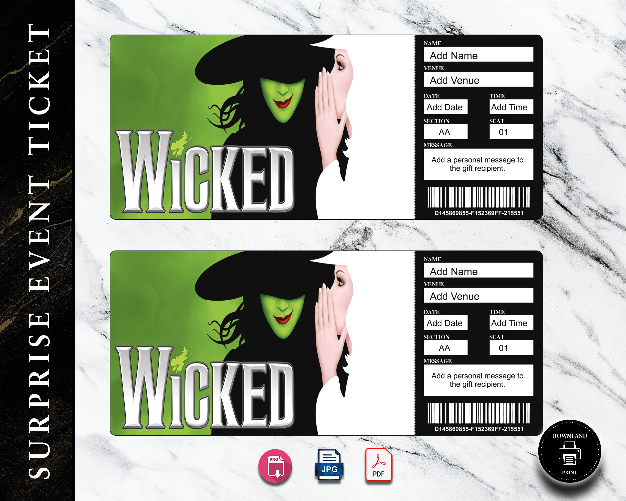 Printable Wicked Broadway Surprise Ticket Editable Musical Etsy