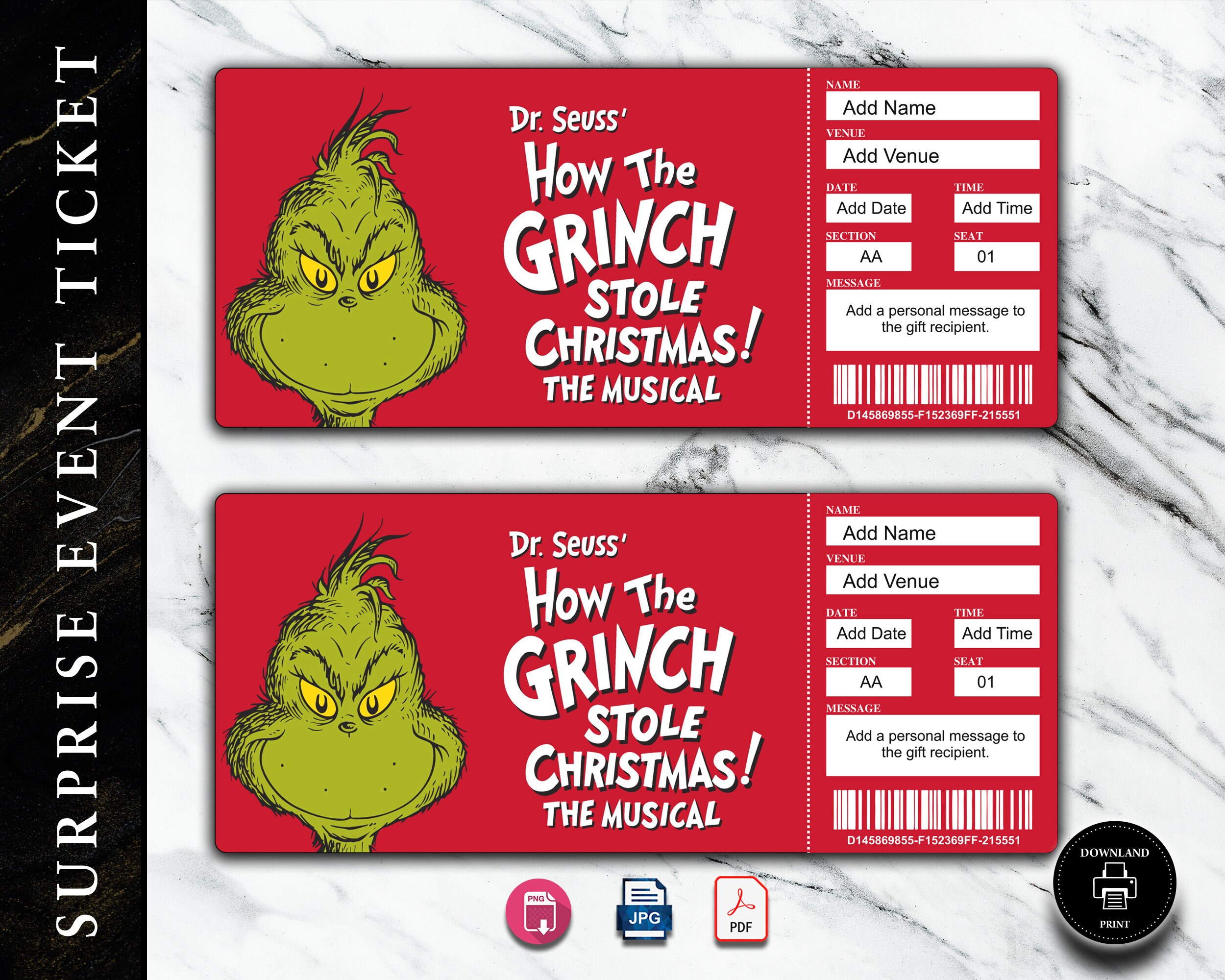 Printable GRINCH Broadway Surprise Ticket. Editable Musical Etsy