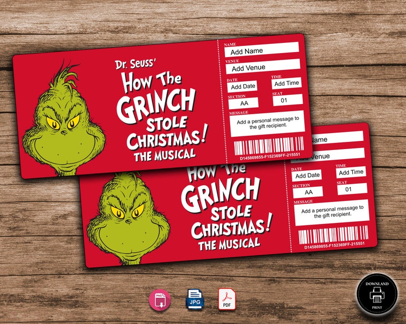 Printable GRINCH Broadway Surprise Ticket. Editable Musical Etsy