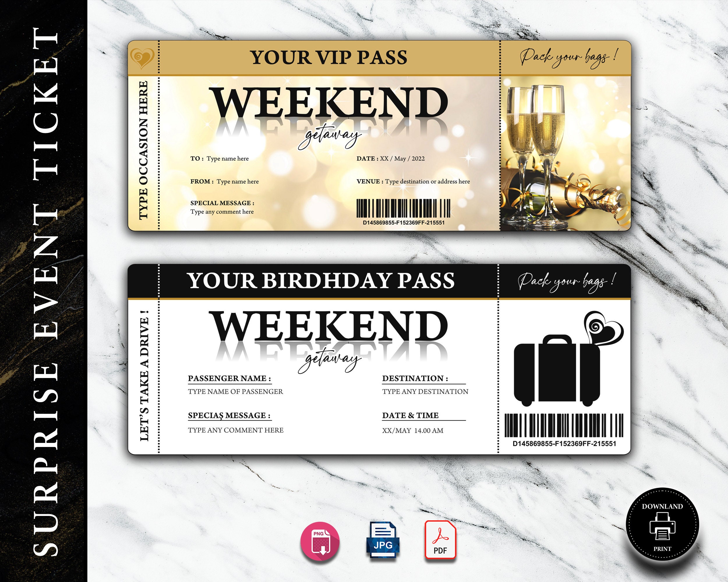 Weekend Away Voucher Template Gift Certificate Ticket Card - Printable  Birthday Trip, Getaway, Pack Your Bags, Hotel Stay - INSTANT DOWNLOAD