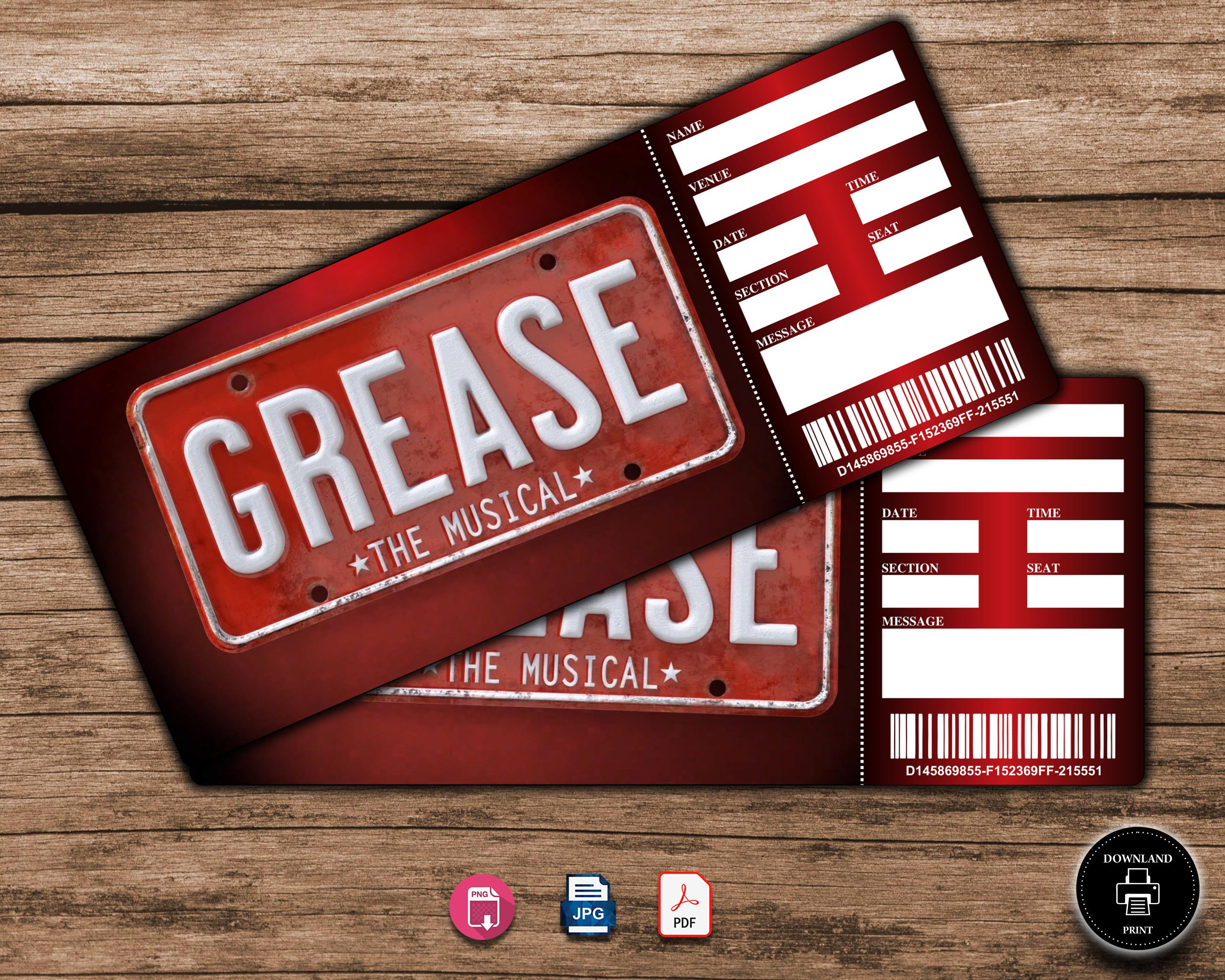 Printable GREASE Broadway Surprise Ticket. Editable Musical Etsy