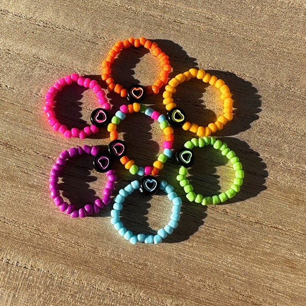 New! Neon Beaded Heart Rings, Seed Bead Rings, Anxiety Bead Rings, Cute Rings, Festival Jewelry, Stacking Rings, Colorful Seed Bead Rings