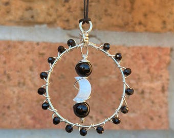 Wire Wrapped Car Charm: Crescent Moon & Gemstone Rearview Mirror