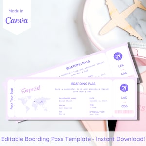 Modelo de cartão de embarque editável - Cartão de embarque personalizado - Bilhete de avião para impressão - Presente de bilhete de viagem - Viagem surpresa - Modelo de bilhete