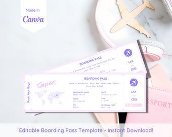 Editable Boarding Pass Template - Custom Boarding Card - Printable Plane Ticket - Travel Ticket Gift - Surprise Trip - Ticket Template