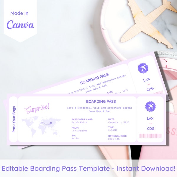 Editable Boarding Pass Template - Custom Boarding Card - Printable Plane Ticket - Travel Ticket Gift - Surprise Trip - Ticket Template