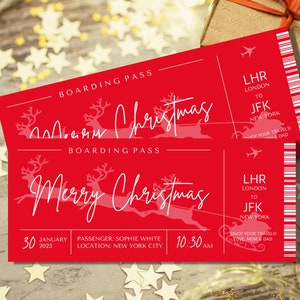 Bearbeitbare Weihnachts-Bordkarte, benutzerdefinierte Bordkarte, druckbares Flugticket-Geschenk, Überraschungs-Reiseticket, Urlaubsgutschein, Weihnachten