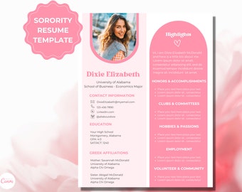 Sorority Resume Template, Sorority Recruitment Resume and Cover Letter, Rush Week Pack, Greek Life, Sisterhood, College, High School, Social