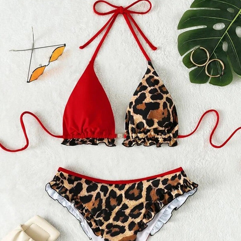 Leopard Frill Trim Tie Side Bikini Swimsuit Handmade Bkini - Etsy