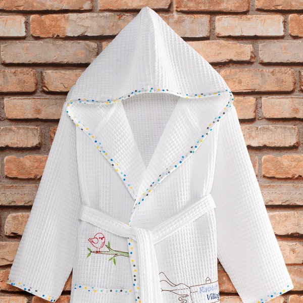 Hooded Baby Bathrobe, Embroidered Kids Bath Robe, Organic Cotton, Waffle Weave, Child Bath Towel, Kids Clothing, Summer Bath Robe