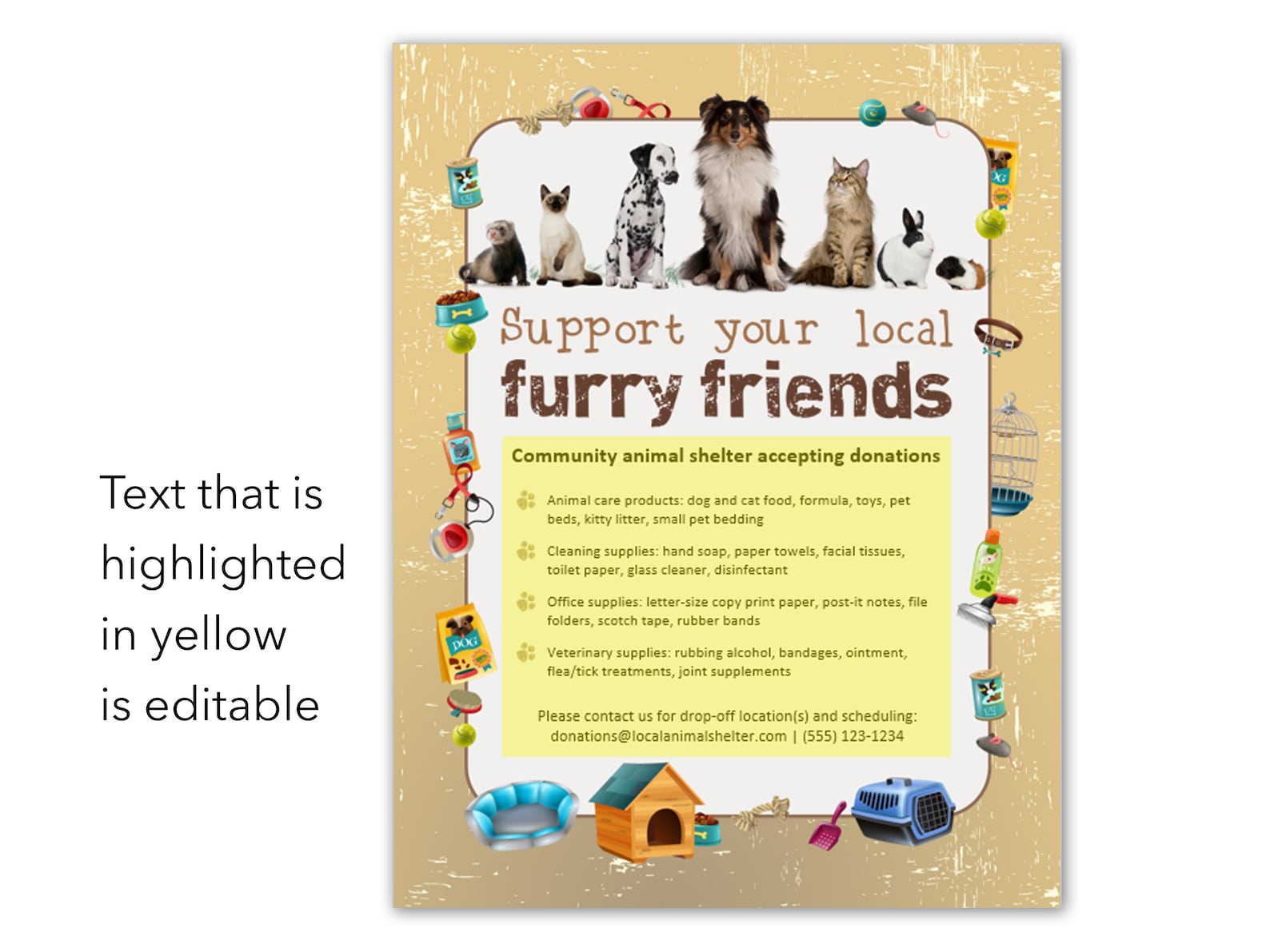 Printable Animal Shelter Donations Flyer Community Event Ms Word